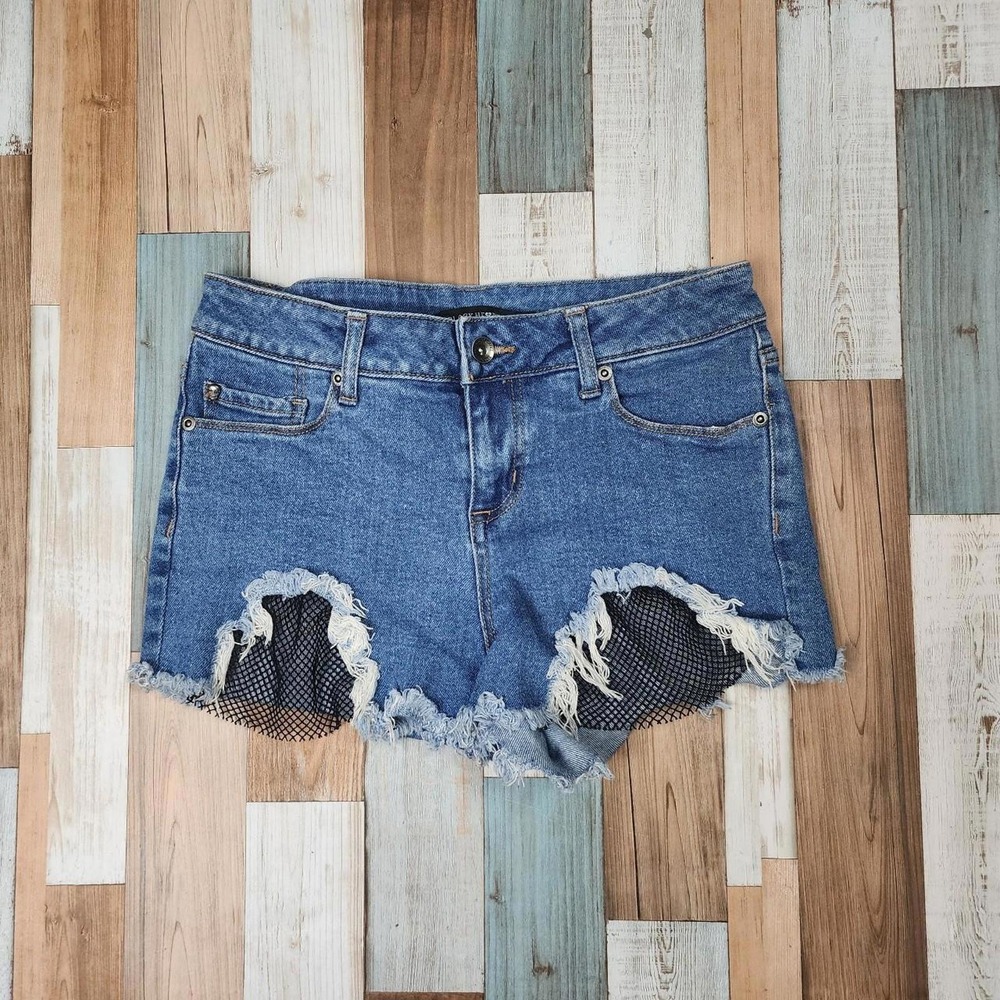 Blackheart High Rise Distressed Denim Shorts Blue Fishnet Mesh Size 5